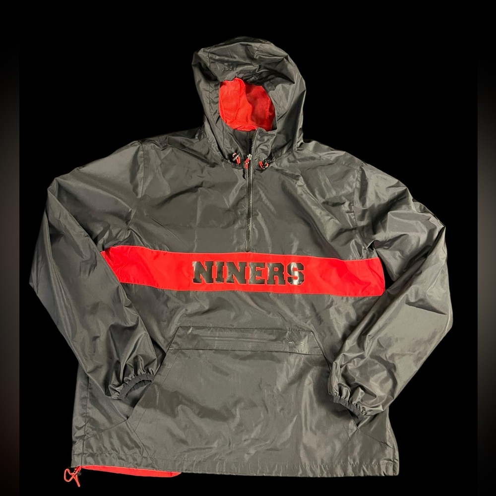 Niners XL Windbreaker 1/4 Zip By Sport Tek Black And Red Hooded With Pockets.